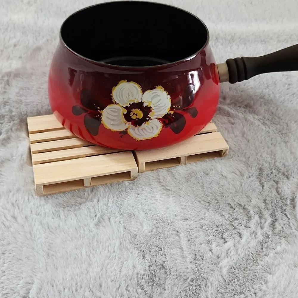 Vintage QSTA Red Enamel Fondue Pot Floral Sauce Pot Wood Handle w/ Lid
